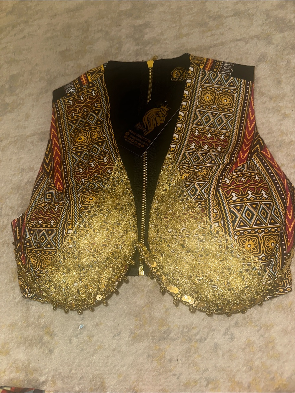 Embellished Tribal Print Bra with Gold Accents — Black & Multicolor
